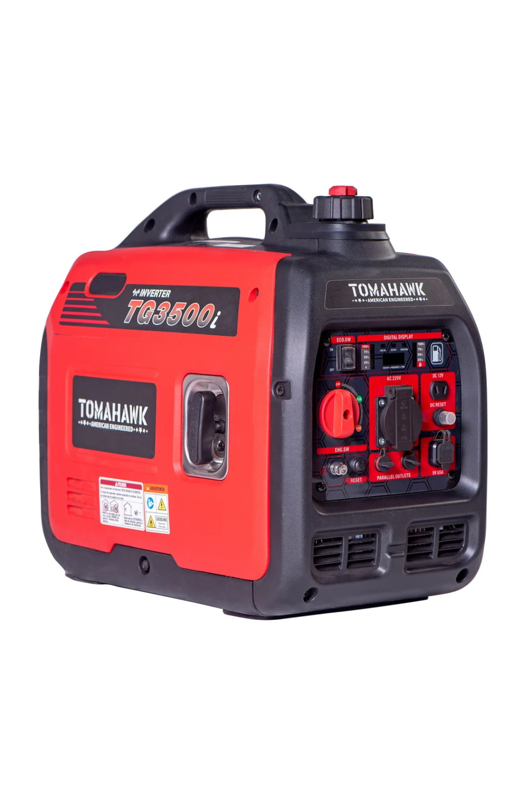 Generador inverter portátil Tomahawk TG3500i rojo, con display digital y tomas 220V y USB
