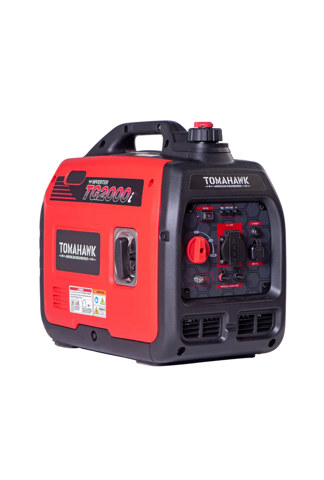 Generador inverter portátil Tomahawk TG2000i rojo y negro, compacto con manija y toma 220V