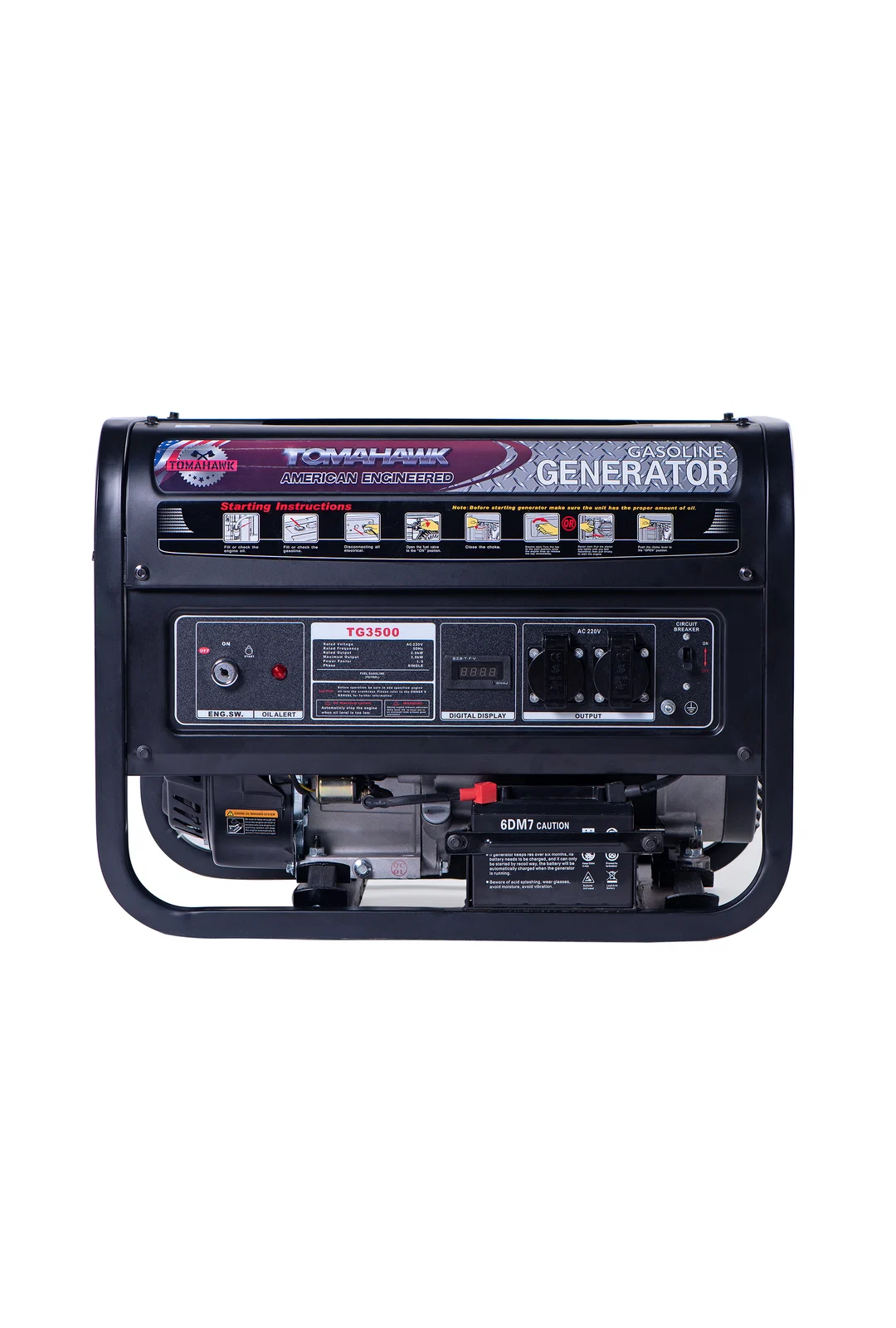 Generador eléctrico a nafta Tomahawk TG3500 con arranque eléctrico, marco abierto y panel 220V