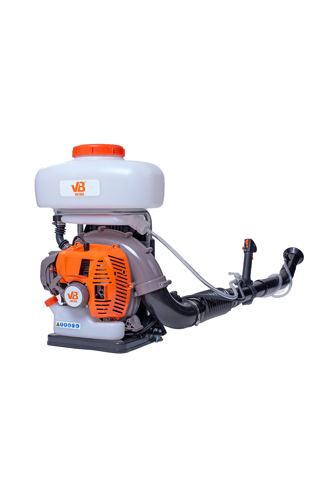 Fumigadora motopulverizadora de mochila van Beek a nafta 63cc, tanque blanco y motor naranja