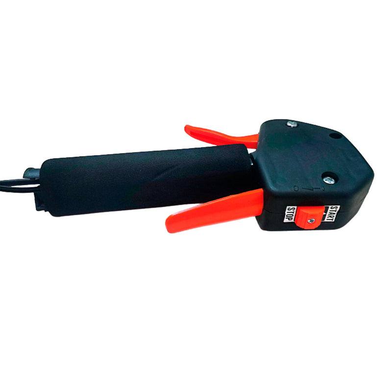 Un acelerador marca van Beek con interruptor de encendido/apagado Van Beek vB330A - vB430 instalado en una motopulverizadora con fondo blanco.